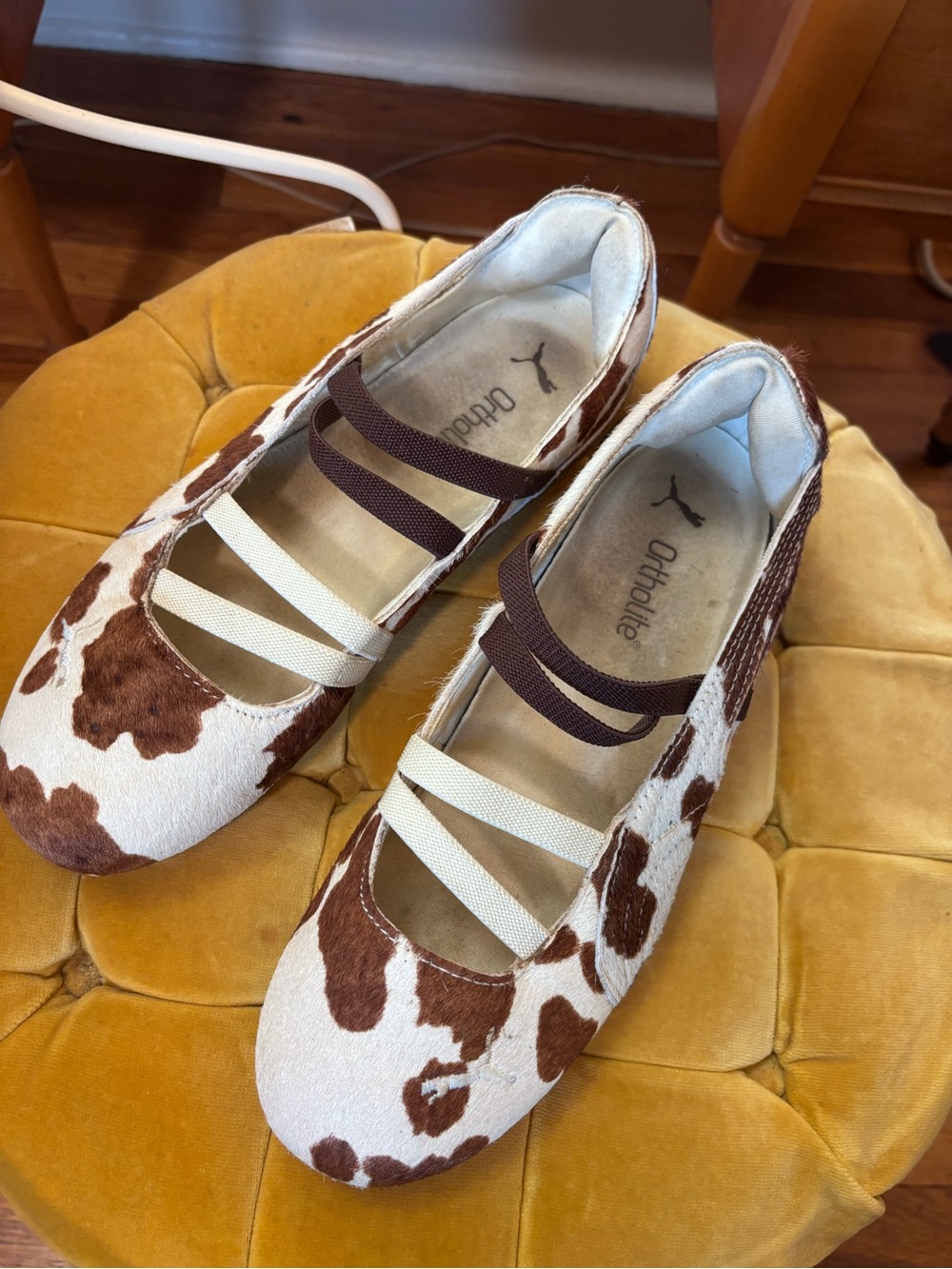 Puma Cow-Print Brown and White Ballet Flats with Dual Straps